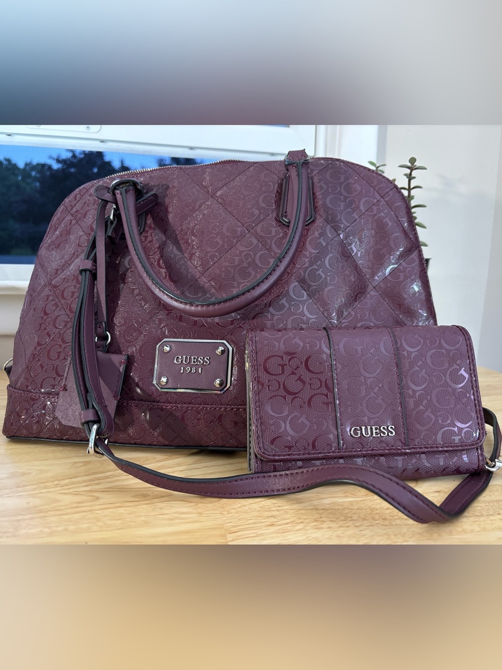 GUESS Plum Satchel with Matching Wallet